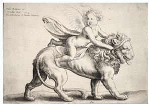 Cupido op een leeuw, naar Giulio Romano door Wenceslaus Hollar